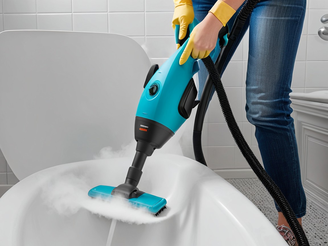 cleaning bathroom with steam cleaner