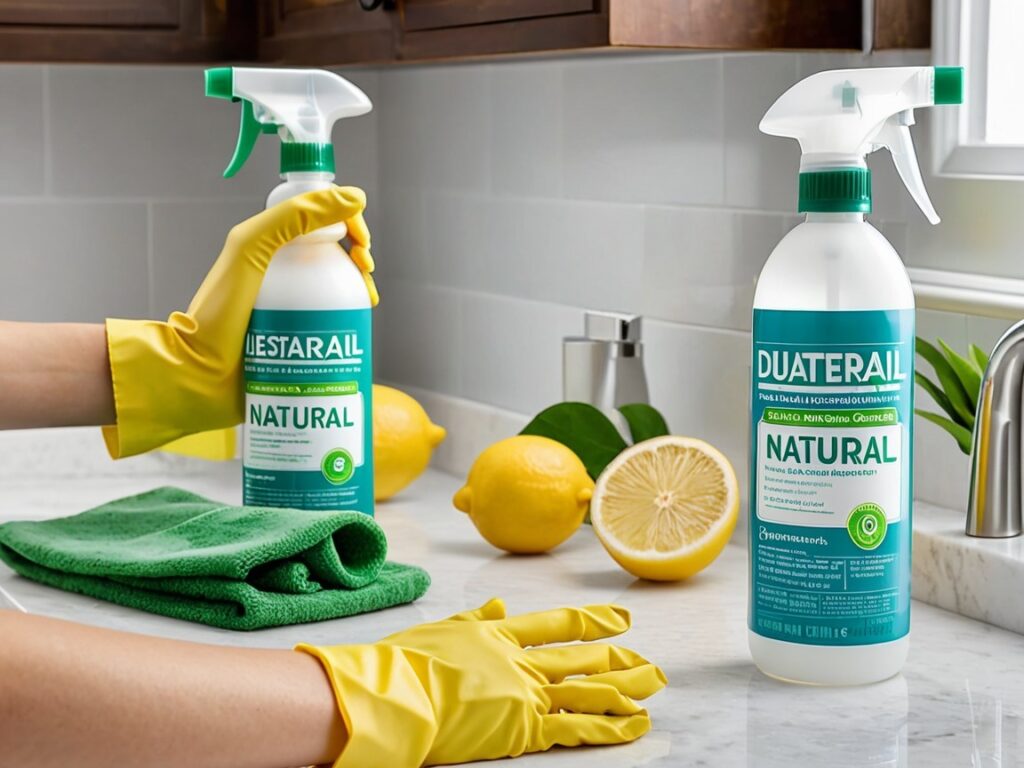 Eco-friendly bathroom with natural cleaning products like vinegar, baking soda, and lemon – The Ultimate Guide to Natural Cleaning Solutions for Bathroom Surfaces."