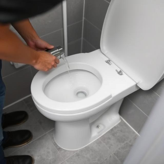 A person turning off the toilet water supply and wearing gloves before starting to unclog the toilet without a plunger.