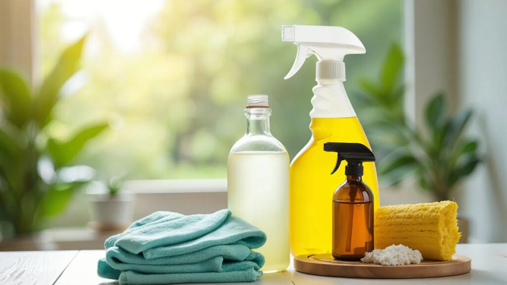 Discover a visually appealing collection of eco-friendly cleaning supplies, featuring natural ingredients and reusable materials, perfect for sustainable household cleaning.