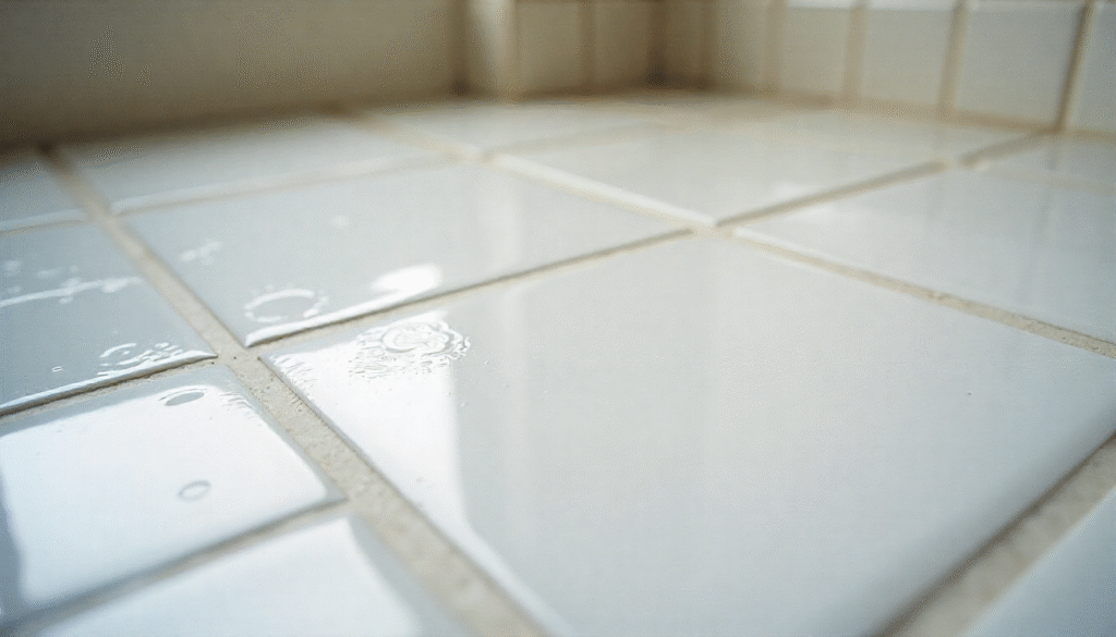 A before-and-after photo showing clean grout after steam cleaning.