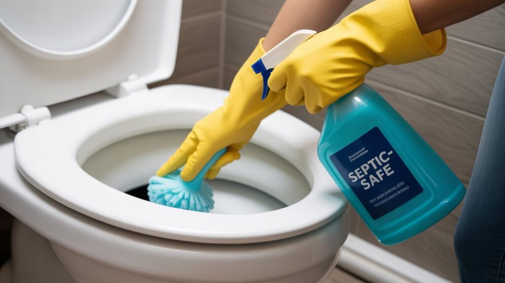 Using a septic tank safe toilet bowl cleaner for eco-friendly cleaning.