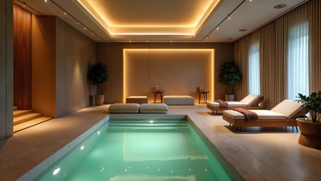 Discover a luxurious spa environment showcasing a serene pool, stylish loungers, and soothing lighting, perfect for relaxation and rejuvenation.